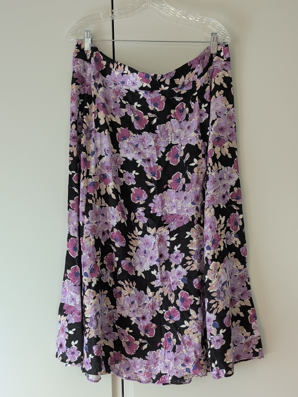 Sezane Tabata Black Brocade A-Line Midi Skirt with Lavender & Cream Floral Print